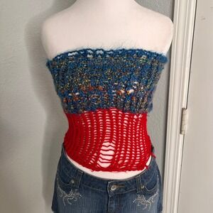 Handmade Crochet Knit Tube Top Blue Red Festival‎ Rave Party Corset